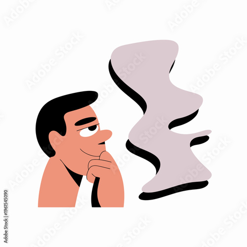 Thoughtful young man contemplating ideas with a blank speech bubble in a minimalist vector flat illustration style for creative concepts and modern communication designs