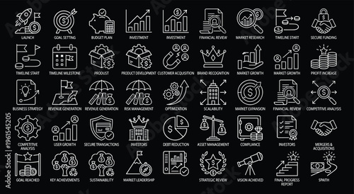 Startup development business strategy icons set white thin line style