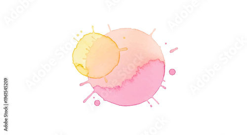 Abstract pastel watercolor blot featuring two overlapping circular shapes in soft pink, peach, and yellow tones with organic paint splatters and drips on a white background.