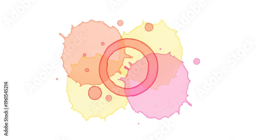 Abstract artistic composition featuring four overlapping pastel watercolor blots in orange, yellow, and pink hues, centered around a circular ring with scattered paint splatters.