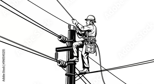 Black and white vector illustration of an electrical lineman utility worker wearing a hard hat and safety harness while climbing a power pole to repair high voltage electricity cables.