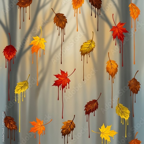 Surreal Autumn Forest Scene with Melting Dripping Leaves.