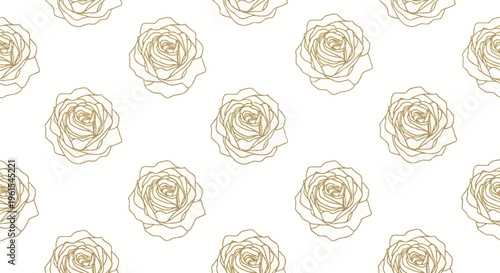 Seamless pattern of elegant gold rose line art on a white background. Minimalist floral design featuring detailed golden outlines of rose blossoms in a repetitive layout.