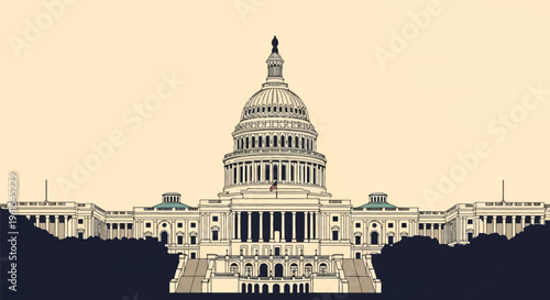 Stylized illustration of the United States Capitol Building in Washington D.C. featuring the iconic neoclassical dome, American flag, and symmetrical facade with tree silhouettes.