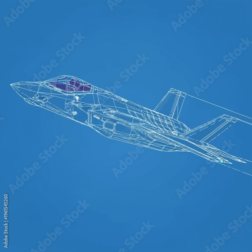 Technical wireframe illustration of an F-35 Lightning II stealth fighter jet in flight against a solid blue background, displaying military aviation CAD design and 3D modeling.