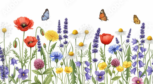 Watercolor illustration of a seamless wildflower meadow border featuring red poppies, purple lavender, white daisies, blue cornflowers, yellow buttercups, clover, and butterflies.