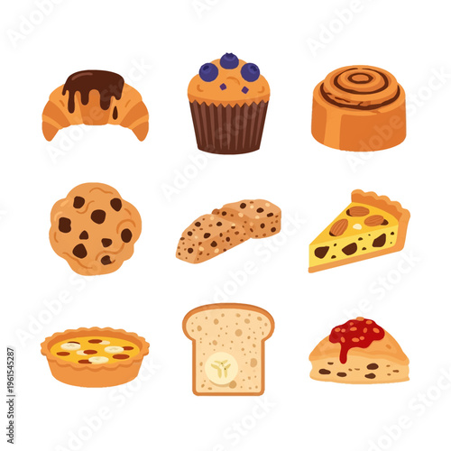 Set of nine flat vector icons featuring cafe pastries including a chocolate croissant, blueberry muffin, cinnamon roll, chocolate chip cookie, fruit tart slice, and banana bread.