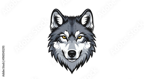 Detailed vector illustration of a grey wolf head mascot facing forward with intense yellow eyes, thick black outlines, and multi-toned fur shading isolated on a white background.