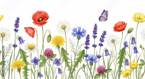 Seamless watercolor wildflower horizontal border with red poppies, lavender, yellow dandelions, daisies, blue cornflowers, clover, and a purple butterfly on a white background.