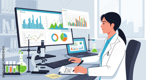 Female scientist analyzing data and conducting research in a modern laboratory.