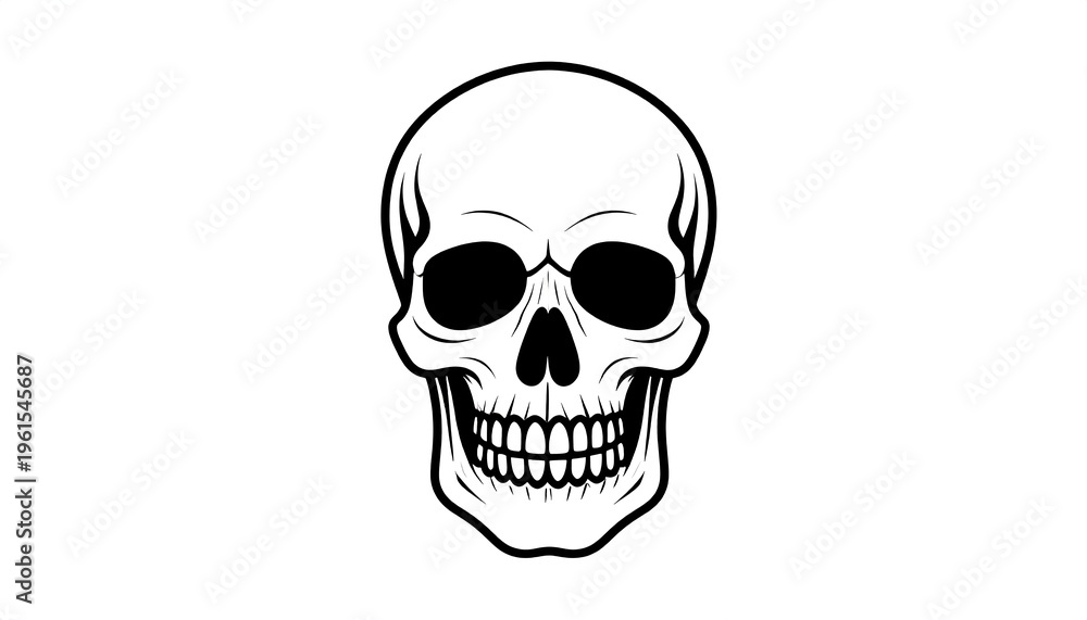 Fototapeta premium Black and white illustration of a human skull, front view, with defined features against a white background