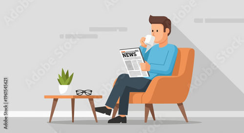 Man reading the newspaper while drinking coffee in a comfortable chair.