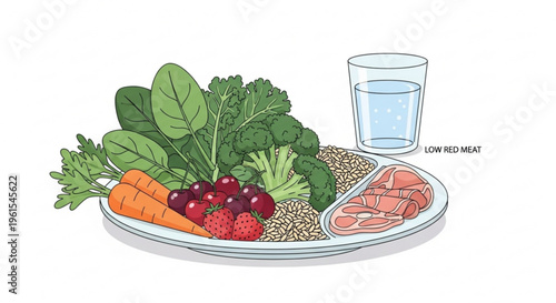 Balanced diet plate with vegetables fruits grains protein and water for healthy eating
