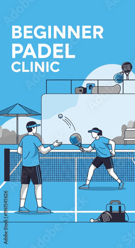 Illustrated Beginner Padel Clinic Session Featuring Players in Action on a Blue Court