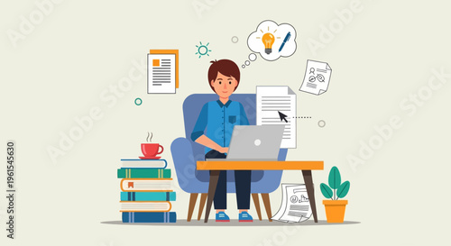 Creative person working on laptop at home, coffee and books nearby.