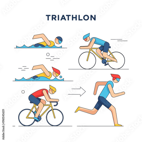 Illustrated Triathlon Graphic Depicting Swimming, Cycling, and Running in Vivid, Simplified Style