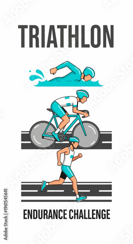 Illustrated Depiction Of Triathlon Athletes Demonstrating Endurance Challenge Activities