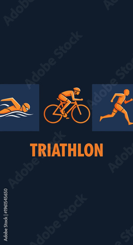 Illustrated Triathlon Graphic Displaying Swimming Cycling And Running Disciplines Against Dark Blue
