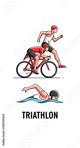 Illustrated Depiction of Triathlon: Swimming, Cycling, and Running in Dynamic Vector Art