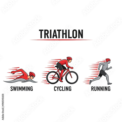 Illustrated Triathlon Graphic Featuring Swimmer, Cyclist, and Runner, Capturing Athletic Endurance