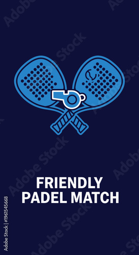 Illustrated Paddles and Whistle Representing a Friendly Padel Match on a Dark Blue Background