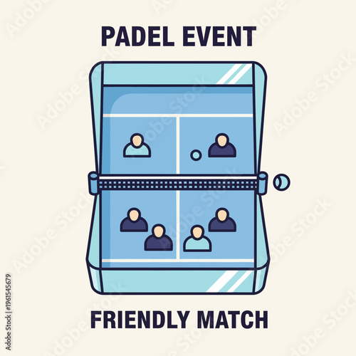 Illustrated Padel Court Depicting a Friendly Match, Featuring Sporty Figures and Game Elements