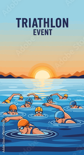 Illustration Depicting a Triathlon Event Featuring Swimmers in Open Water at Sunrise