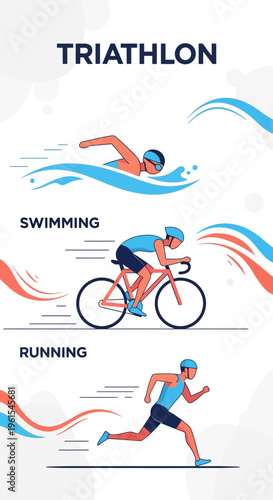 Illustrated Depiction of Triathlon: Swimming, Cycling, and Running Stages with Vibrant Designs
