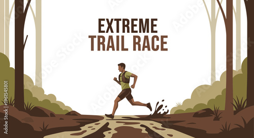 Illustration Of A Trail Runner In An Extreme Race, Surrounded By Nature, In A Forest