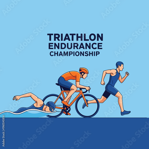 Illustration of Triathlon Endurance Championship With Athletes in Dynamic Action and Competition