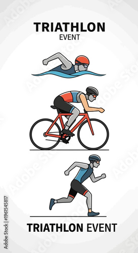 Illustration Of Triathlon Sports Featuring Swimming, Cycling, and Running Stages of a Race
