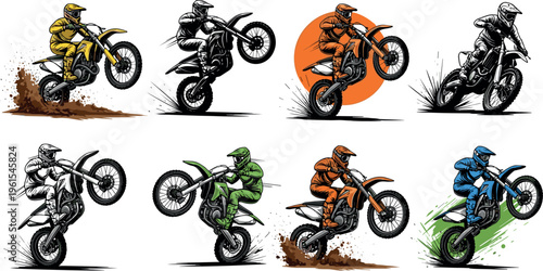 Motocross Rider Action Vector Set Featuring Dirt Bike Stunts, Wheelie Tricks, Mud Splash, and Extreme Off Road Racing Illustrations