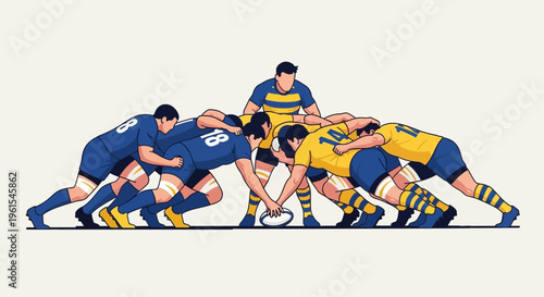 Illustrative Rugby Scrum Action Diverse Players In Forceful Engagement