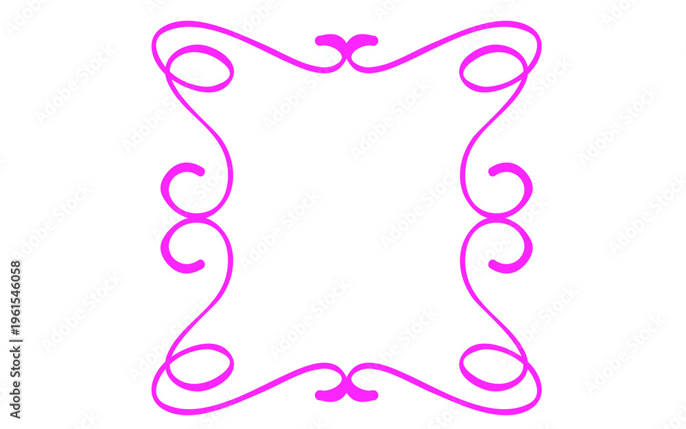 Obraz premium Elegant pink swirl frame, decorative flourish border on white background, ornate filigree scrollwork frame for wedding invitations and cards