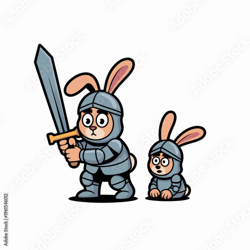 Two cute cartoon bunnies wearing medieval knight armor and helmets one standing holding a long sword and the other sitting on a clean white background digital art style