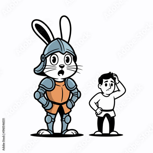 Surprised rabbit knight in full medieval armor standing beside a confused human character in a whimsical hand drawn vector illustration featuring bold black outlines style