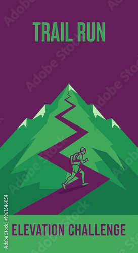 Inspiring Illustration of Trail Runner Ascending a Mountain, Achieving Elevation Challenge