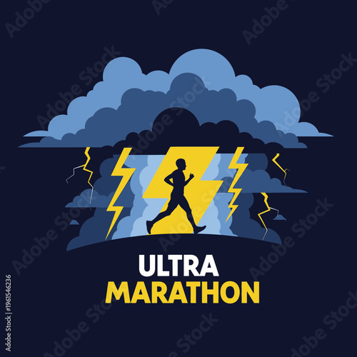 Intense Ultra Marathon Runner Silhouette Against Stormy Sky