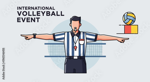 International Volleyball Event Referee Signaling Victory And Game Play