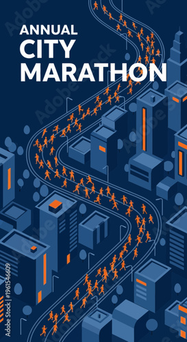Isometric Urban Marathon Event Illustrative Design: Animated Runners Navigating a Cityscape