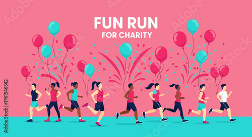 Joyful Charity Fun Run Celebration with Balloons and Participants in Motion