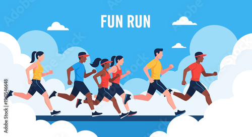 Joyful Athletes Running Together Against A Cloudy Sky