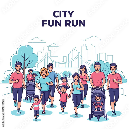 Joyful City Fun Run Event Depicting People Enjoying Fitness and Family Activities