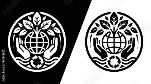 Global environmental protection and recycling symbol with world globe held by hands and topped with growing leaves.