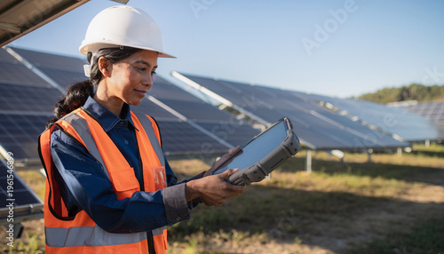 Female Engineer Inspecting Solar Panels at a Renewable Energy Farm.