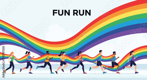 Joyful Marathon: Diverse Participants Sprinting Under a Colorful Rainbow Design