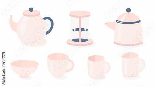 A collection of pastel pink and blue kitchenware including teapots and cups
