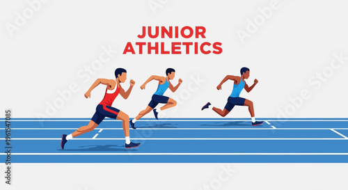 Junior Sprinters Compete In Athletic Race On Blue Track with Graphic Vector Illustration