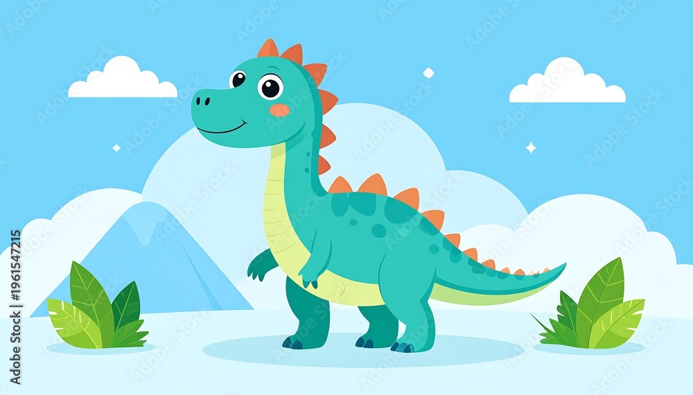 Fototapeta premium A friendly cartoon dinosaur stands against a light blue backdrop, with clouds, hills, and greenery
