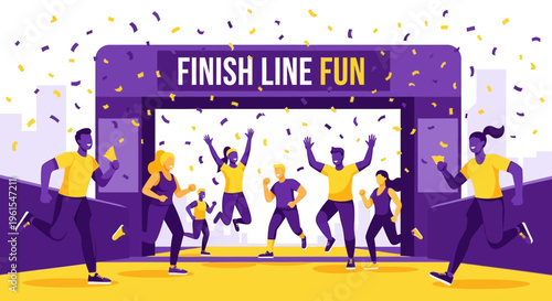 Joyful Race Event, Celebration Moment With Runners Reaching Finish Line And Having Fun